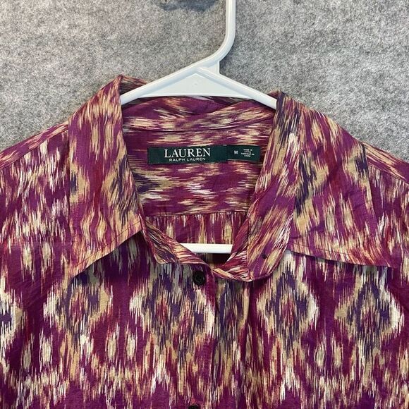 LAUREN RALPH LAUREN Silk Blend Blouse Ikat Print Button Front Purple Medium Top - Picture 3 of 11